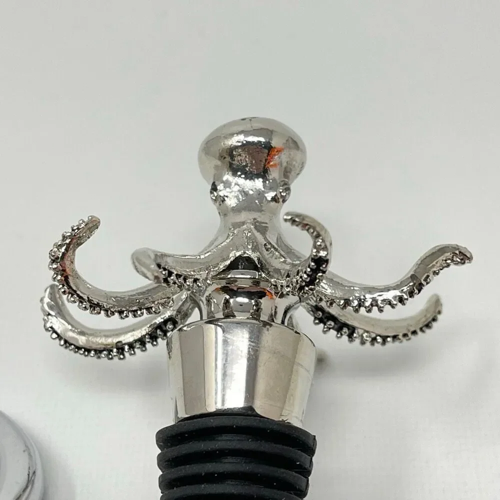 Metal & Stone Wine Bottle Stopper Lot of 3 Metal Octopus & Heart Stone Ball